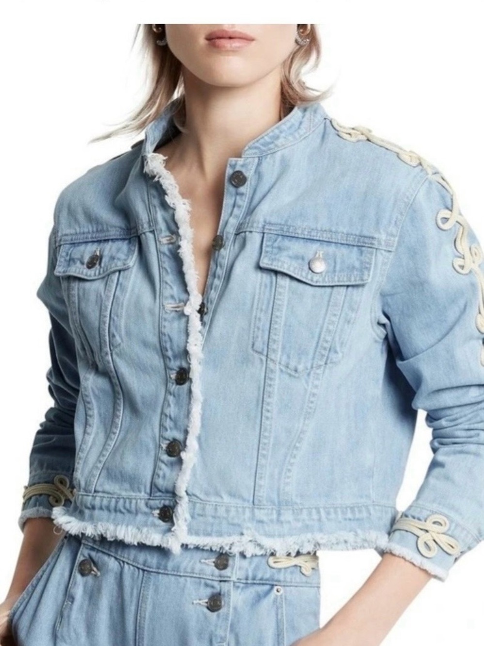 Light Blue Denim Fringe Cropped Jacket